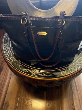 Brahmin Black Leather Tote with Brown Croc-Trim and Gold Hardware